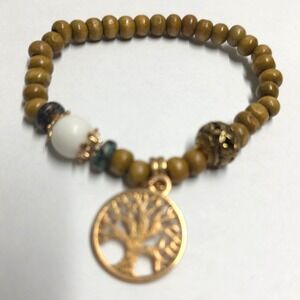 Tree of Life Charm Stretch‎ Beaded Bracelet Unisex OS Brown Wooden Boho Goldtone